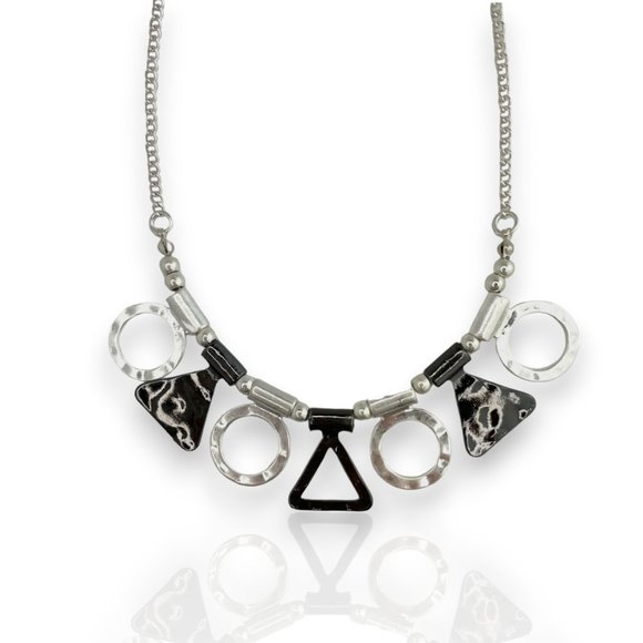 Necklace and Ear Set, 17" - 20", Silver Tone, Black Hematite Tone, Geometrics - Picture 4 of 9